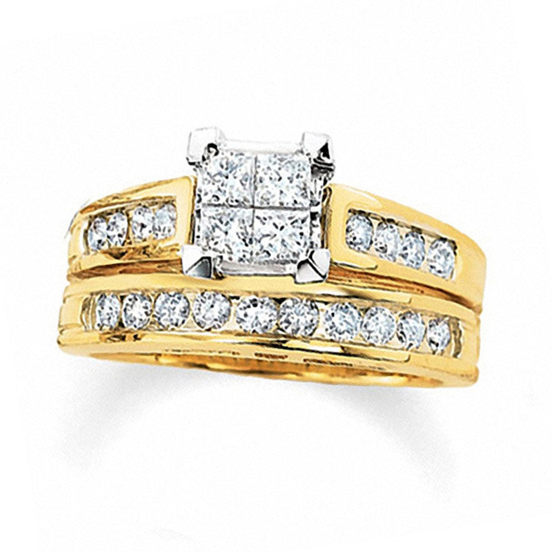 Previously Owned - 2.0 CT. T.W. Quad Princess-Cut Natural Diamond Bridal Engagement Ring Set in Solid 14K Gold