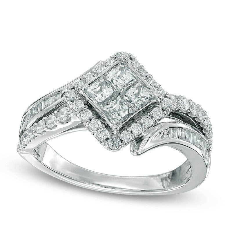 Previously Owned - 1.0 CT. T.W. Quad Princess-Cut Natural Diamond Bypass Engagement Ring in Solid 10K White Gold