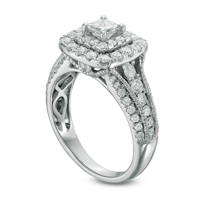 Previously Owned - 1.5 CT. T.W. Princess-Cut Natural Diamond Double Frame Antique Vintage-Style Engagement Ring in Solid 14K White Gold