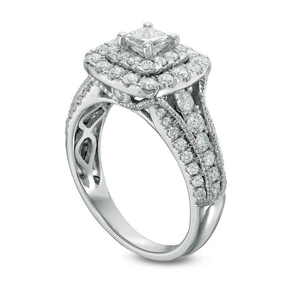 Previously Owned - 1.5 CT. T.W. Princess-Cut Natural Diamond Double Frame Antique Vintage-Style Engagement Ring in Solid 14K White Gold