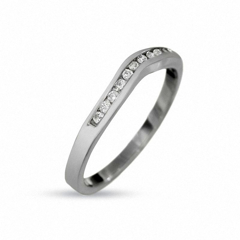 Previously Owned - Solid 14K White Gold Contour Band with Natural Diamond Accents