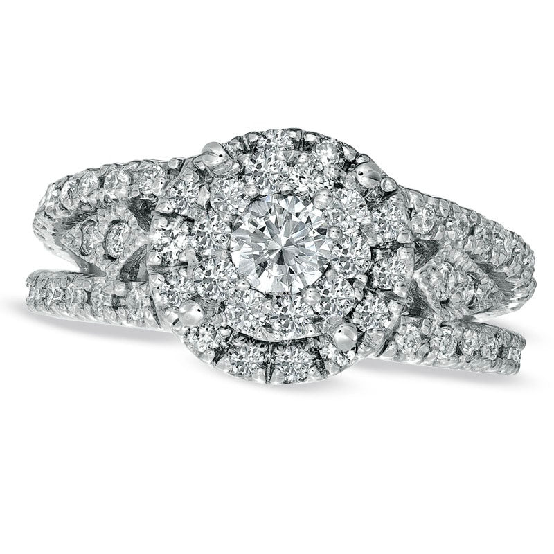 Previously Owned - 1.0 CT. T.W. Natural Diamond Cluster Split Shank Engagement Ring in Solid 14K White Gold