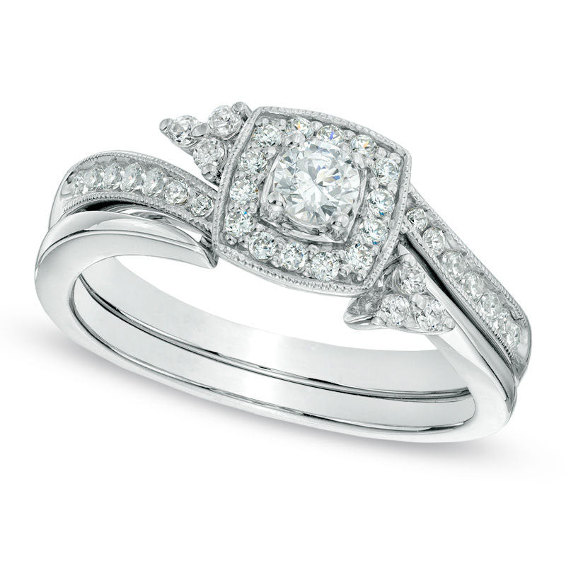 Previously Owned - 0.50 CT. T.W. Natural Diamond Square Frame Bridal Engagement Ring Set in Solid 10K White Gold