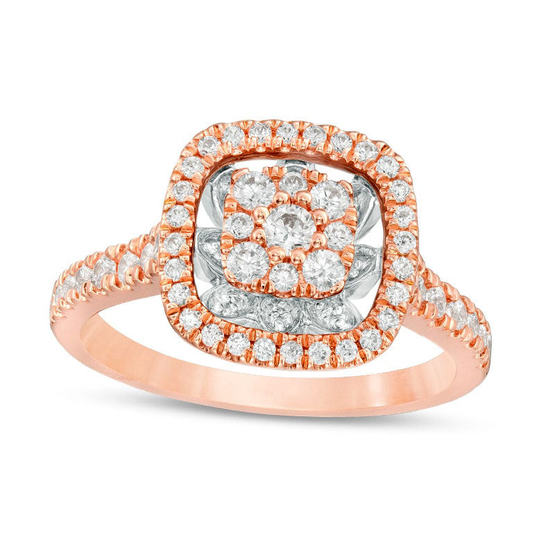 Previously Owned - 0.75 CT. T.W. Composite Natural Diamond Flower Cushion Frame Ring in Solid 10K Rose Gold