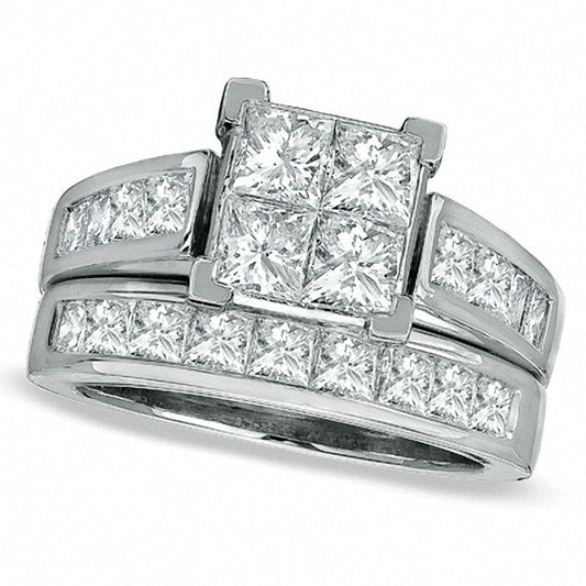 Previously Owned - 3.0 CT. T.W. Quad Square-Cut Natural Diamond Bridal Engagement Ring Set in Solid 14K White Gold