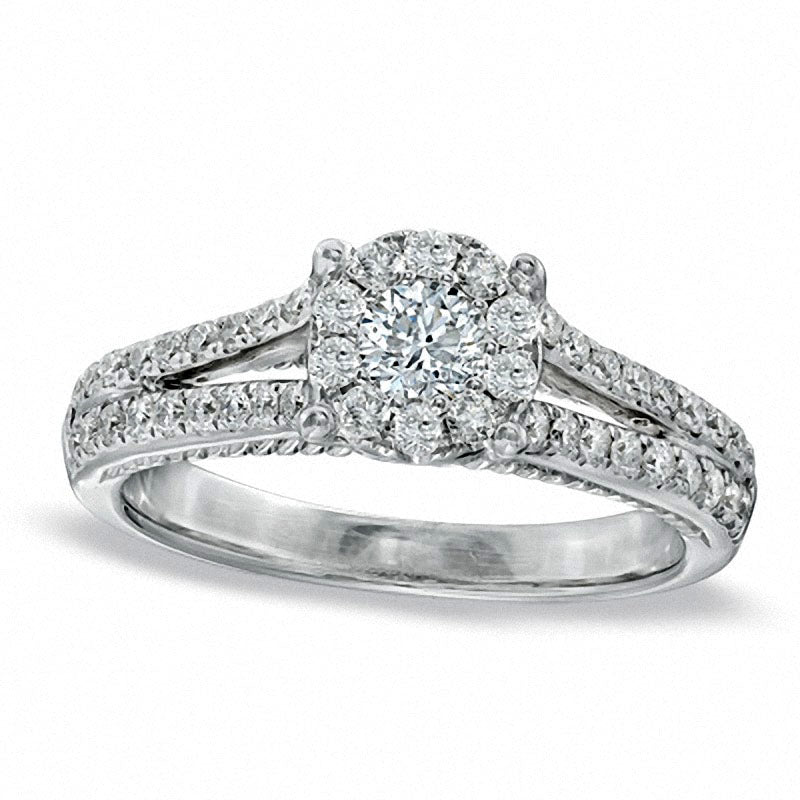 Previously Owned - 0.75 CT. T.W. Natural Diamond Cluster Split Shank Engagement Ring in Solid 14K White Gold