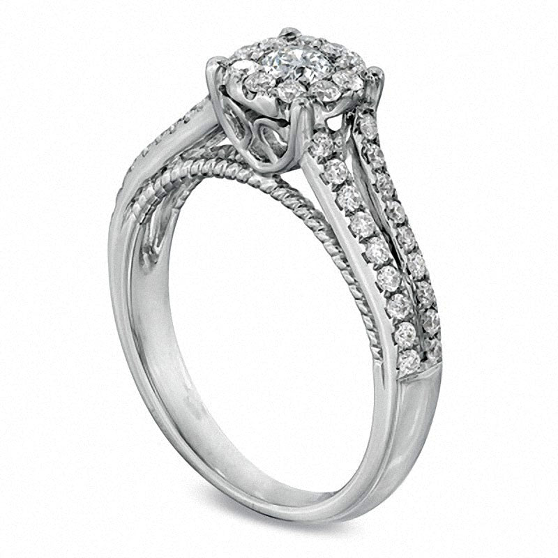 Previously Owned - 0.75 CT. T.W. Natural Diamond Cluster Split Shank Engagement Ring in Solid 14K White Gold