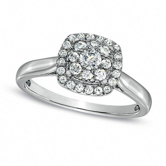 Previously Owned - 0.50 CT. T.W. Natural Diamond Cluster Cushion Frame Engagement Ring in Solid 14K White Gold