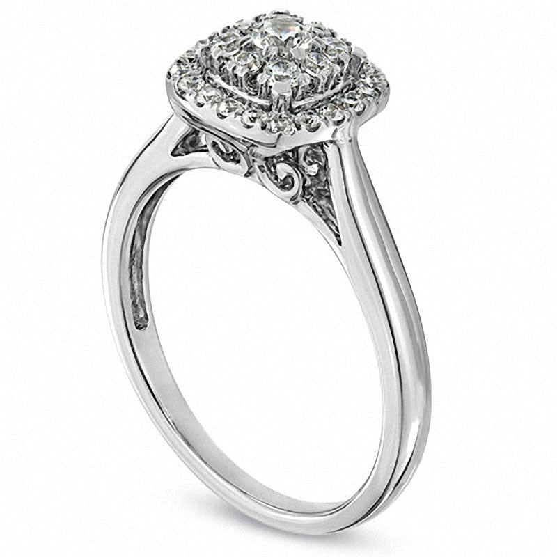 Previously Owned - 0.50 CT. T.W. Natural Diamond Cluster Cushion Frame Engagement Ring in Solid 14K White Gold