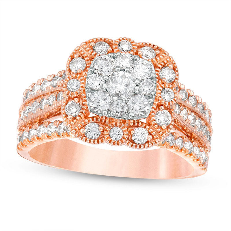 Previously Owned - 1.25 CT. T.W. Natural Diamond Scallop Cushion Frame Multi-Row Antique Vintage-Style Engagement Ring in Solid 14K Rose Gold