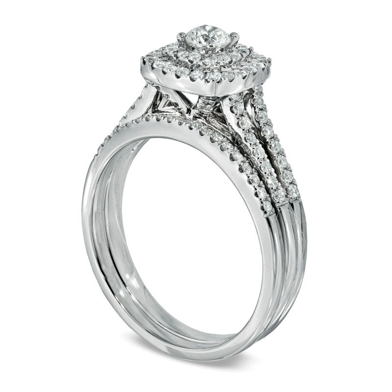 Previously Owned - 0.75 CT. T.W. Natural Diamond Double Frame Bridal Engagement Ring Set in Solid 14K White Gold