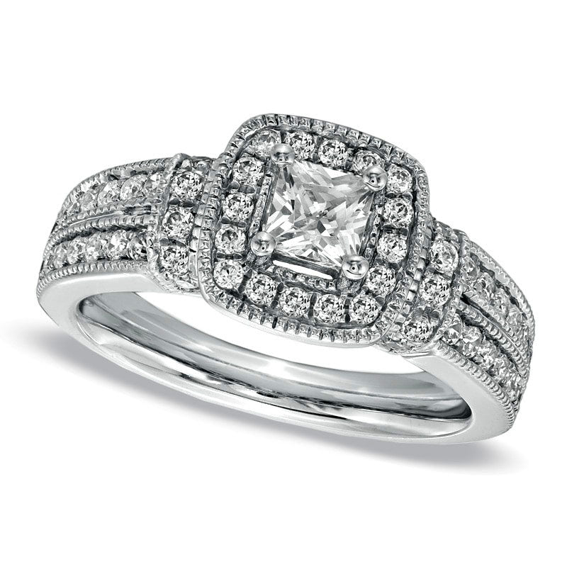 Previously Owned - 1.0 CT. T.W. Princess-Cut Natural Diamond Frame Engagement Ring in Solid 14K White Gold