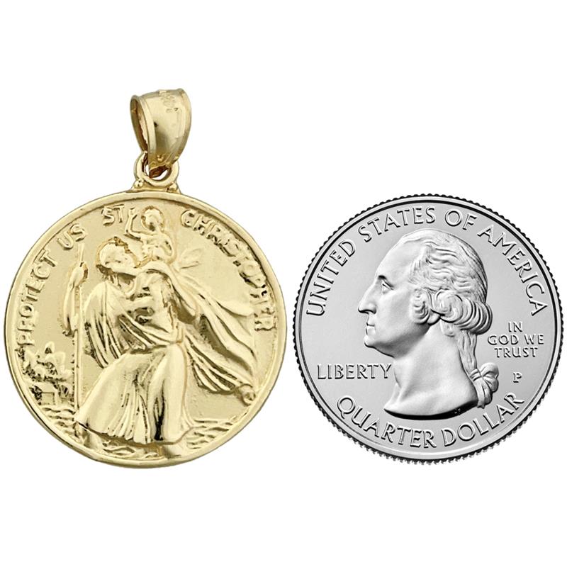 14K Gold 25MM Saint Christopher Protect Us Coin Medallion