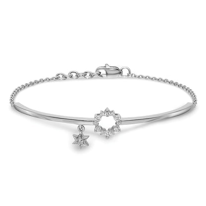 14k White Gold w/Star Dangle Natural Diamond Bangle w/.5in ext Bracelet
