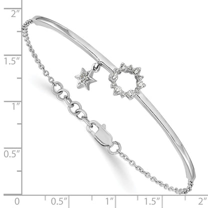 14k White Gold w/Star Dangle Natural Diamond Bangle w/.5in ext Bracelet