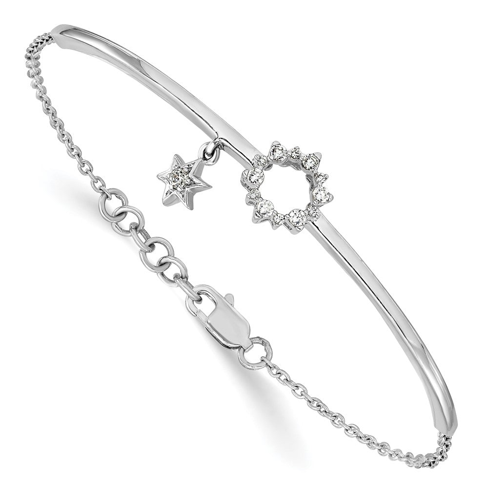 14k White Gold w/Star Dangle Natural Diamond Bangle w/.5in ext Bracelet