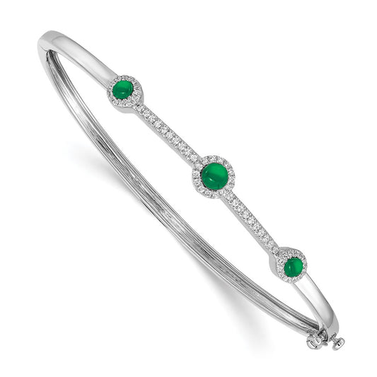 14k White Gold Natural Diamond and Cabochon Emerald Bangle