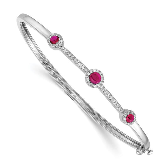 14k White Gold Natural Diamond and Cabochon Ruby Bangle