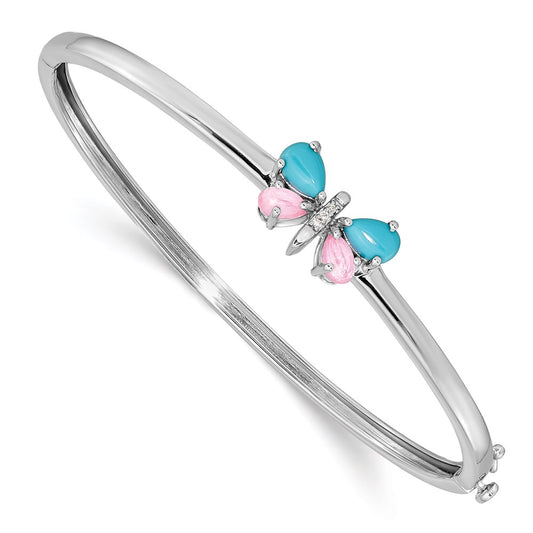 14k WG Natural Diamond and Cabochon Turquoise/Rose Quartz Butterfly Bangle