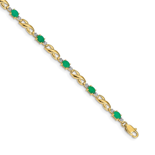 14k Yellow Gold Natural Diamond and Oval Emerald Bracelet