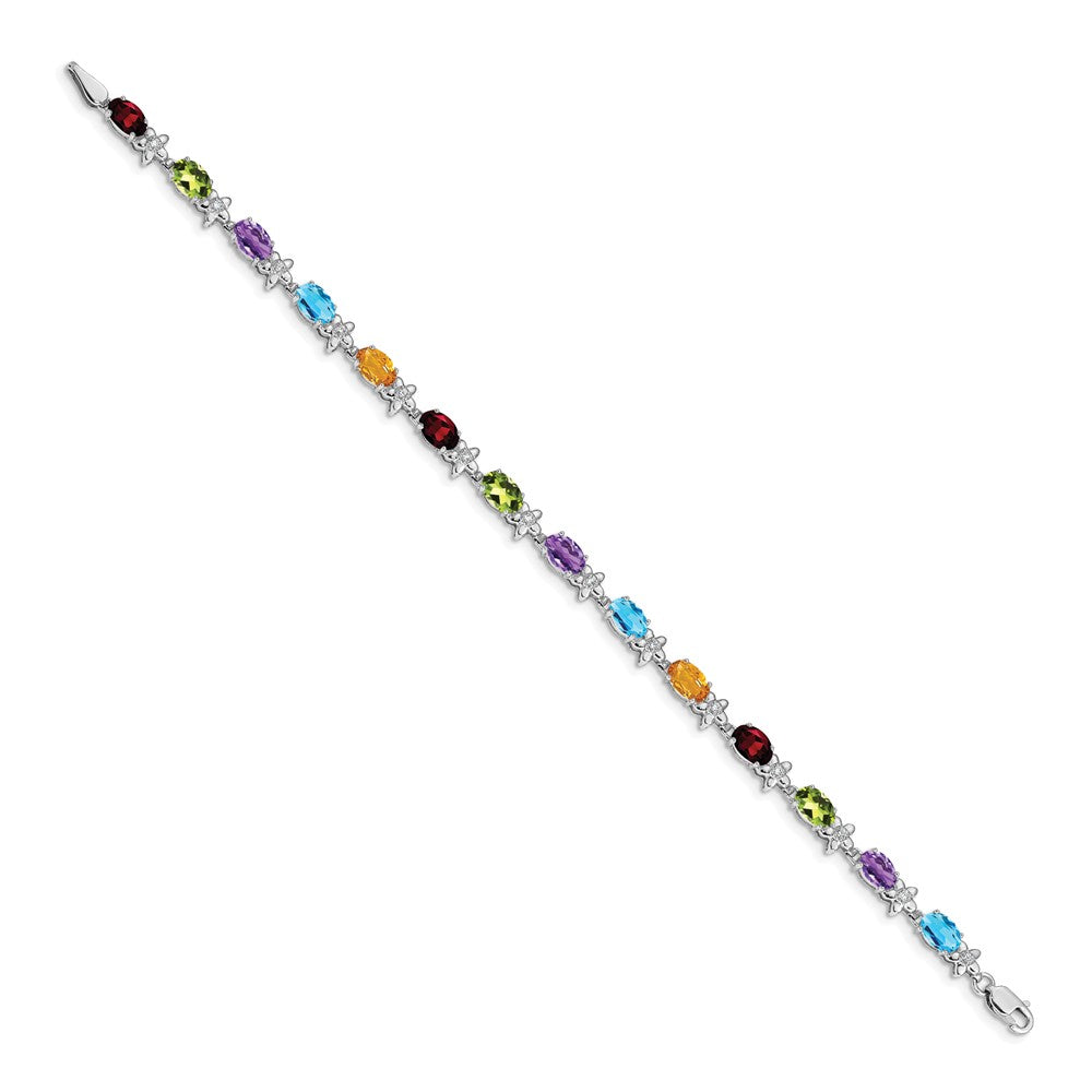 14k White Gold Rainbow Floral Gemstone and Natural Diamond Bracelet