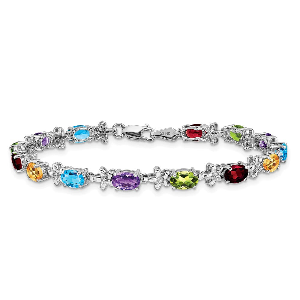 14k White Gold Rainbow Floral Gemstone and Natural Diamond Bracelet