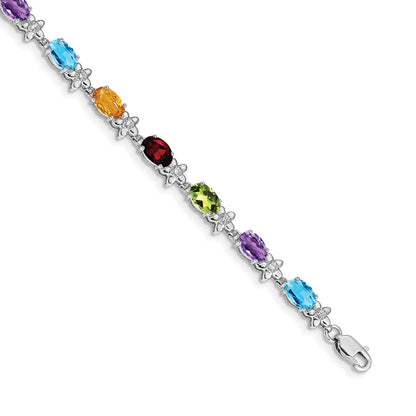 14k White Gold Rainbow Floral Gemstone and Natural Diamond Bracelet