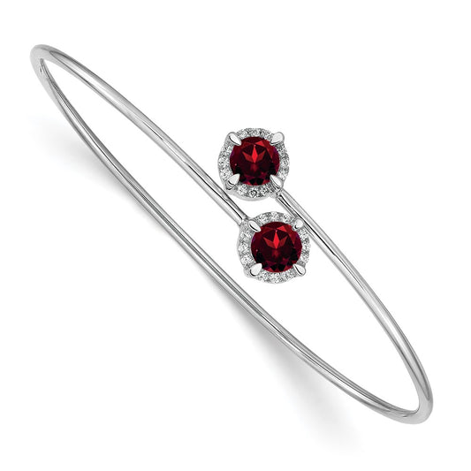 14k White Gold Garnet and Natural Diamond Flexible Bangle