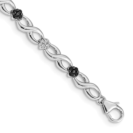14k White Gold White and Black Natural Diamond Flower Infinity Bracelet