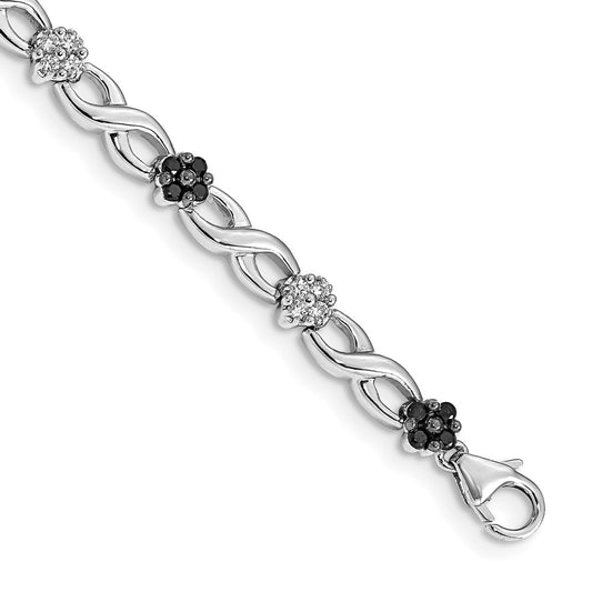 14k White Gold White and Black Natural Diamond Flower Infinity Bracelet