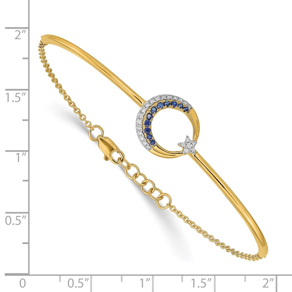 14k Yellow Gold Natural Diamond and Sapphire Moon and Star 7in w/.5in ext Bar Bracelet