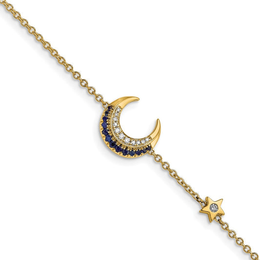 14k Yellow Gold Natural Diamond and Sapphire Moon and Star 7in Bracelet