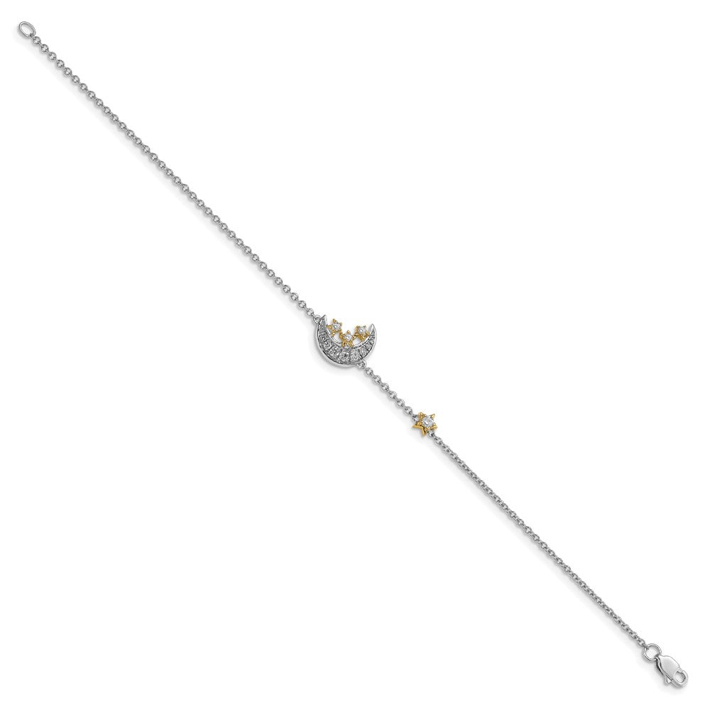 14k Two-tone Moon w/3-Stars Natural Diamond 7in Bracelet