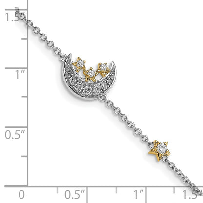 14k Two-tone Moon w/3-Stars Natural Diamond 7in Bracelet