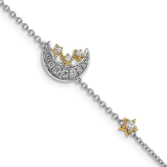 14k Two-tone Moon w/3-Stars Natural Diamond 7in Bracelet