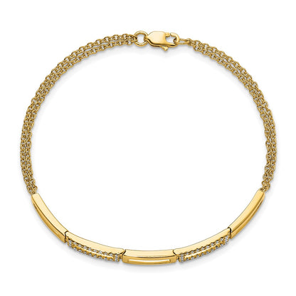 14k Yellow Gold Polished Rectangle Link Natural Diamond Double Strand 7in Bracelet