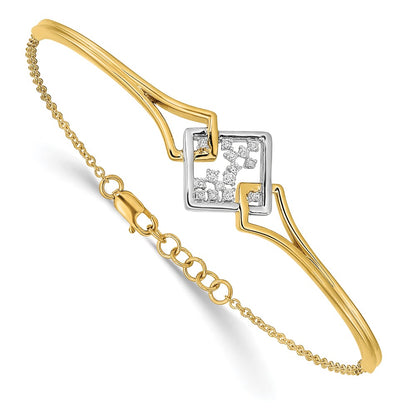 14k Two-tone Fancy Square Natural Diamond Bar 7in w/.5in ext Bracelet