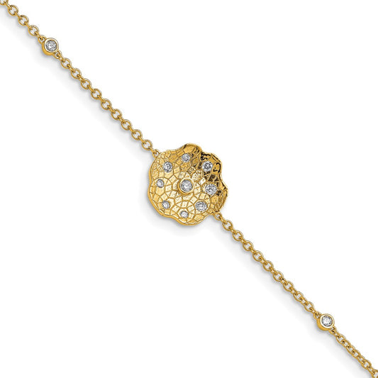 14k Yellow Gold Polished and Textured Natural Diamond Circle 7in Bracelet