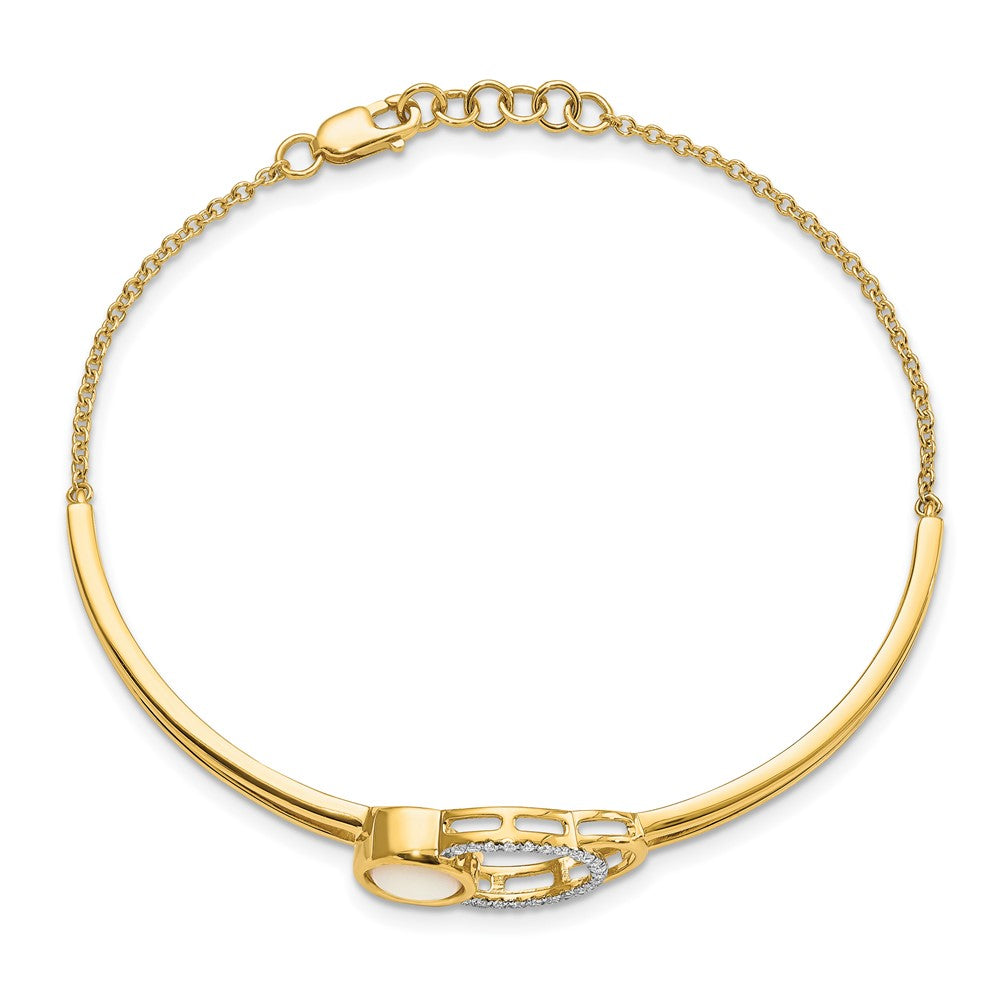 14k Yellow Gold Polished Natural Diamond & Opal Circle Bar 7in w/.5in ext Bracelet
