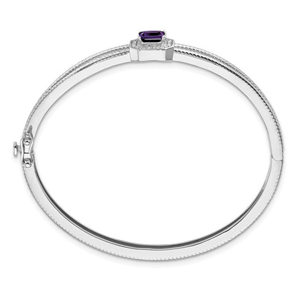 14k White Gold Emerald-shape Amethyst and Natural Diamond Halo Bangle