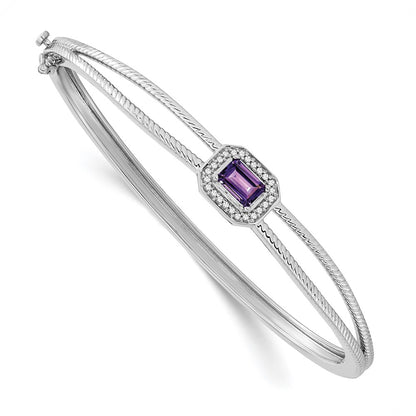 14k White Gold Emerald-shape Amethyst and Natural Diamond Halo Bangle