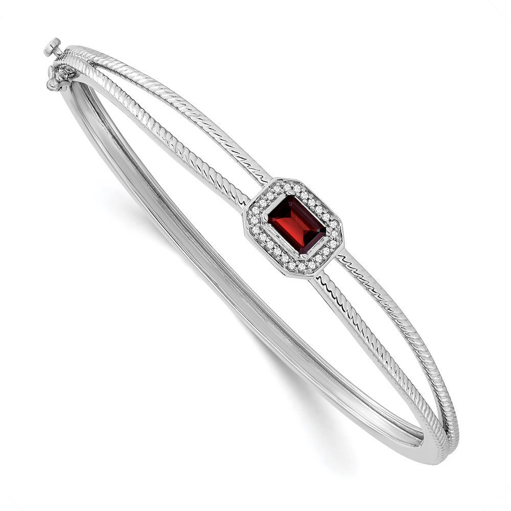 14k White Gold Emerald-shape Garnet and Natural Diamond Halo Bangle