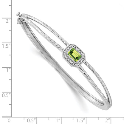 14k White Gold Emerald-shape Peridot and Natural Diamond Halo Bangle