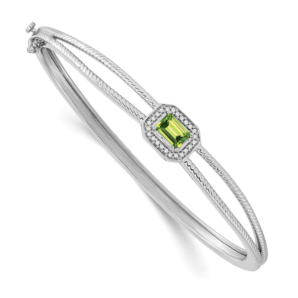 14k White Gold Emerald-shape Peridot and Natural Diamond Halo Bangle