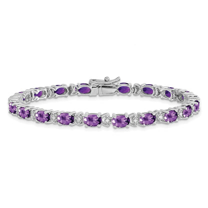 14k White Gold Oval Amethyst and Natural Diamond Bracelet