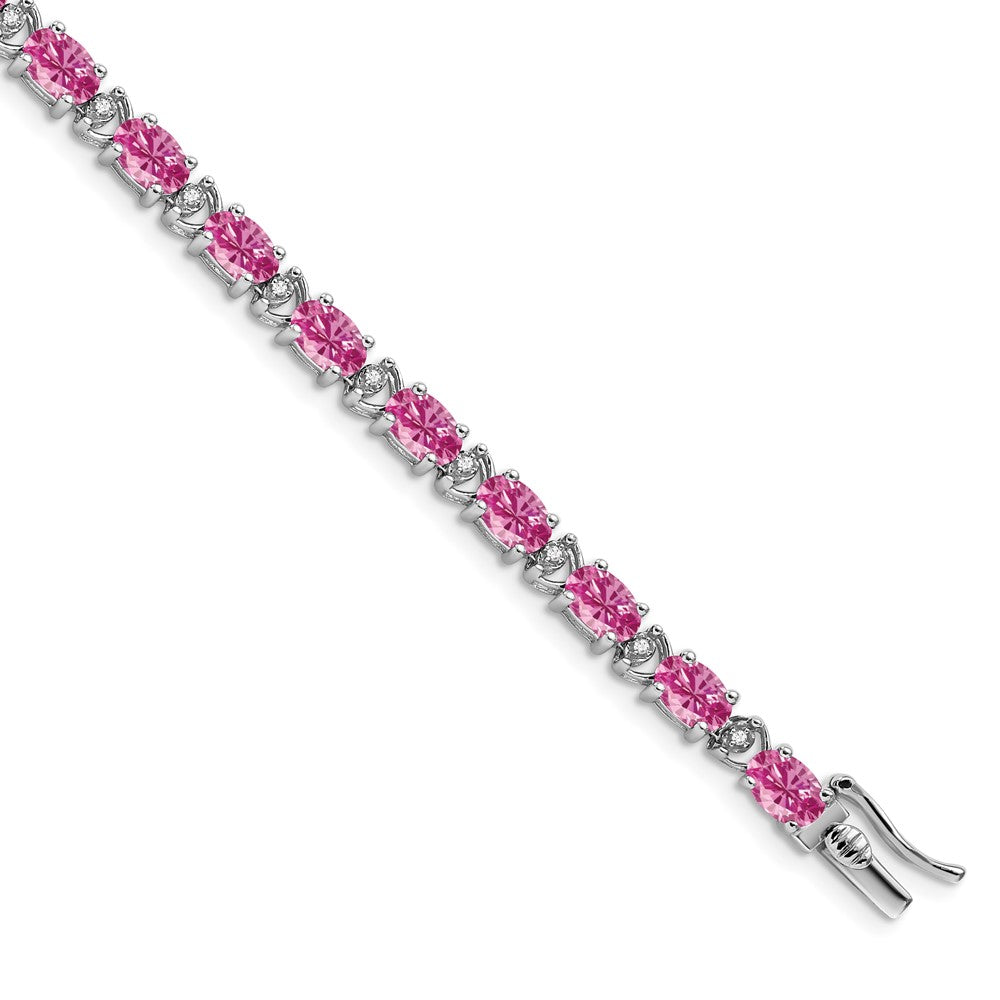 14k White Gold Oval Created Pink Sapphire and Natural Diamond Bracelet
