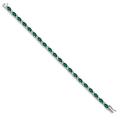 14k White Gold Oval Created Emerald and Natural Diamond Bracelet