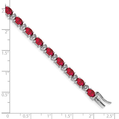 14k White Gold Oval Created Ruby and Natural Diamond Bracelet