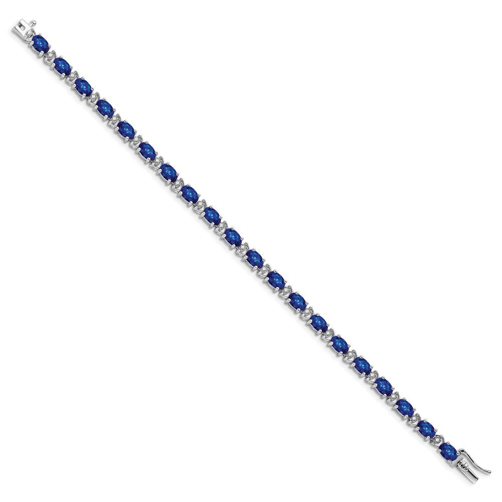 14k White Gold Oval Created Sapphire and Natural Diamond Bracelet
