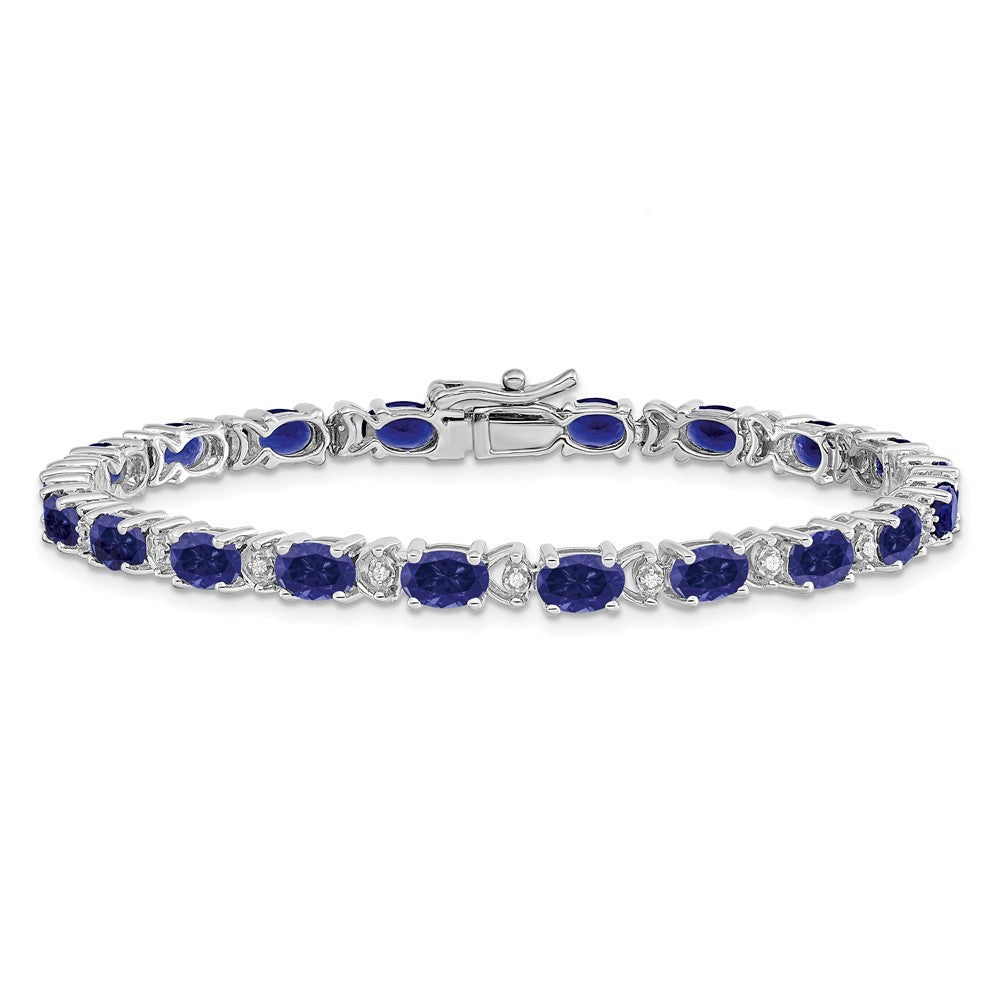 14k White Gold Oval Created Sapphire and Natural Diamond Bracelet